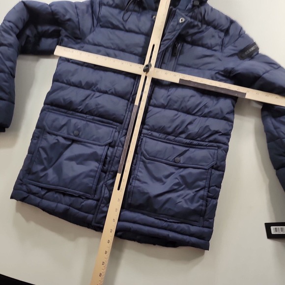Kenneth Cole Hooded Puffer Jacket Men Small Navy Bellow Pocket New York - Picture 8 of 9
